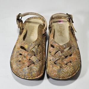 Size 6 Women's Alegria Freesia Ric Rack Tan Woven Multicolor Leather Clogs Shoes